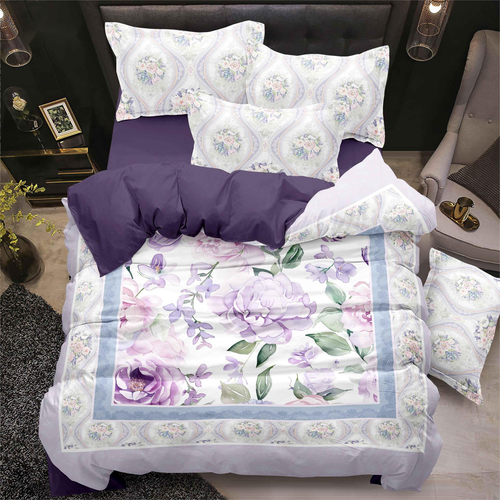 Purple floral digital print bed sheet set