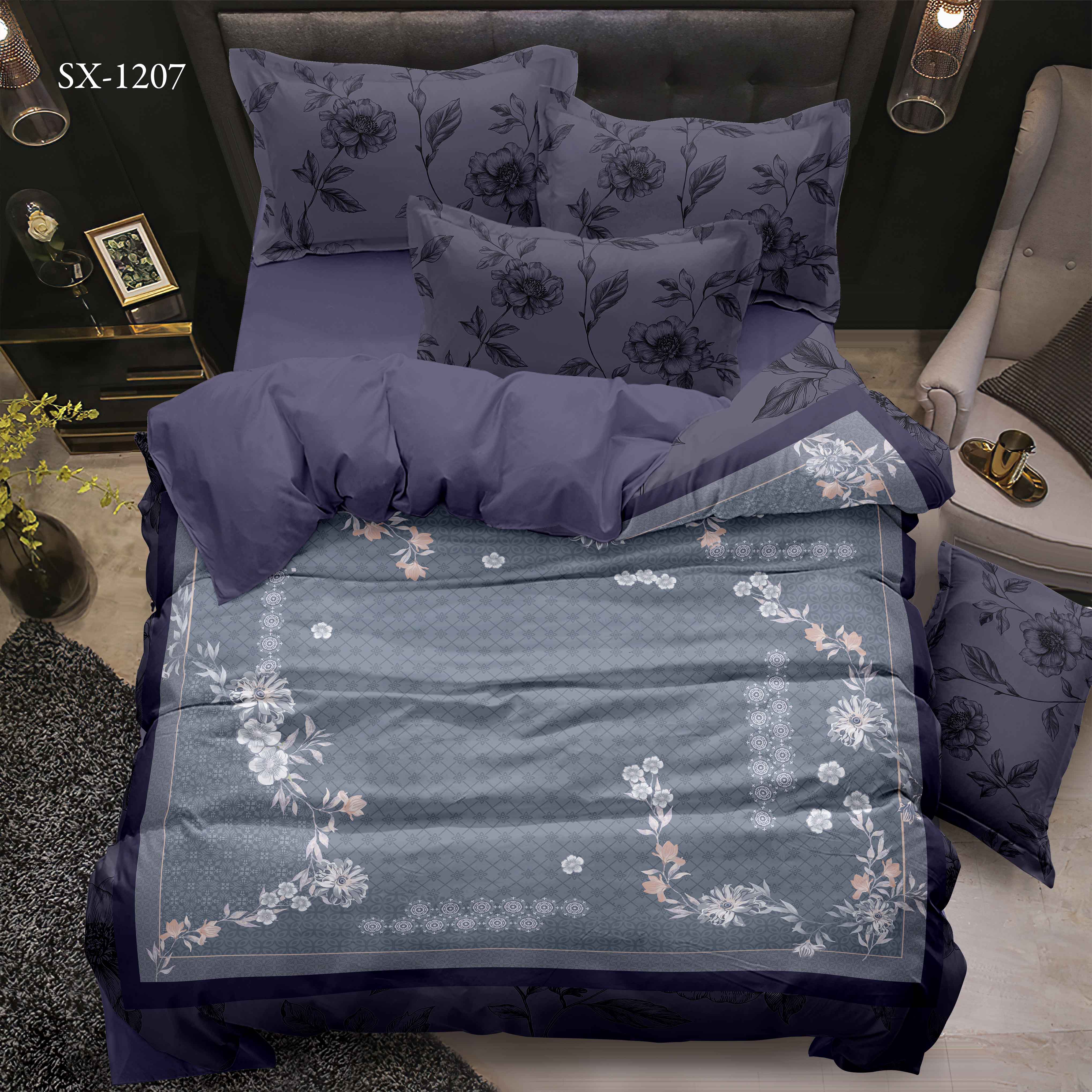 5d Digital Printed Bed Sheet Set na may Floral Border at Geometric Pattern Design