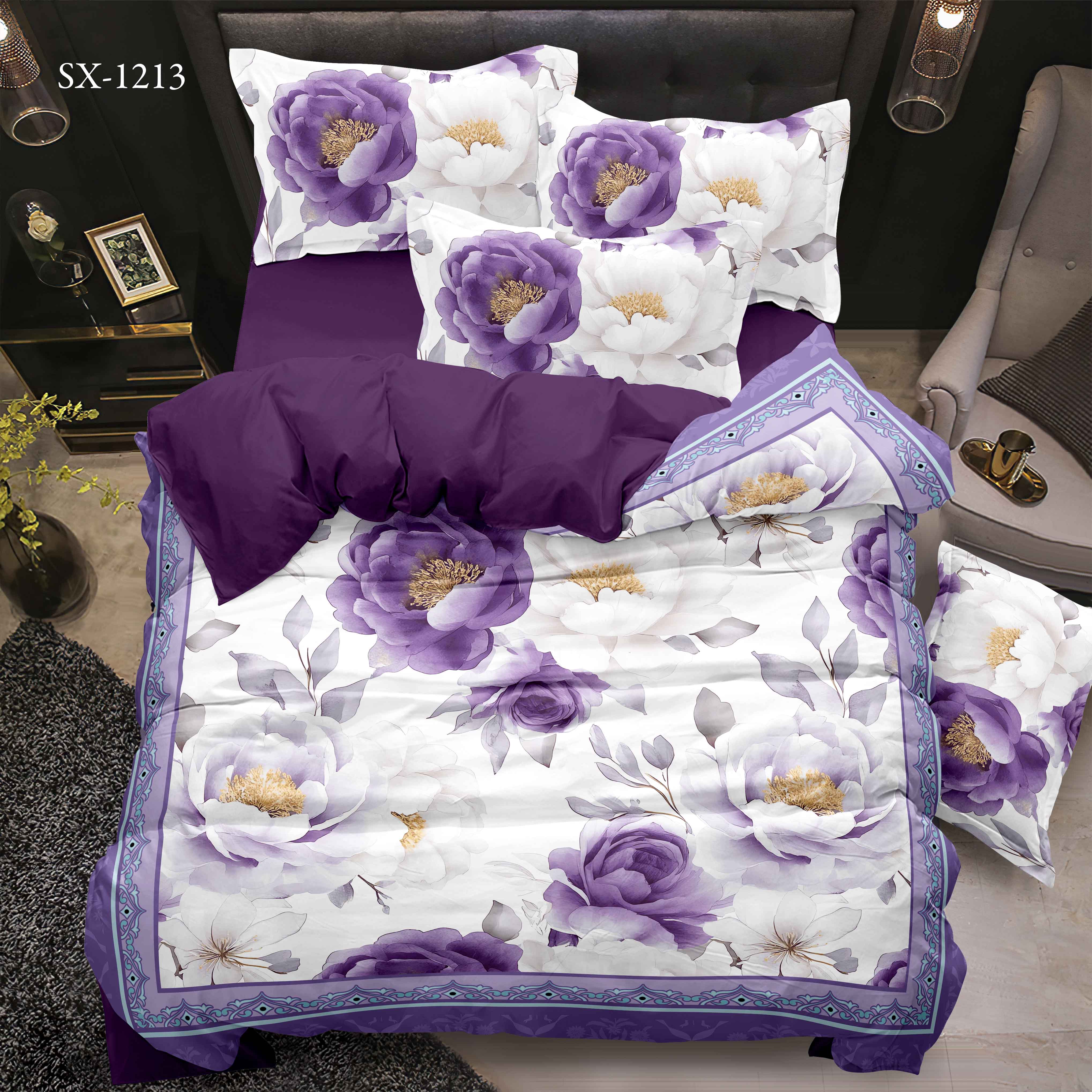 5d Digital Printed Bed Sheet Set Floral na may lilang peony at pandekorasyon na disenyo ng hangganan