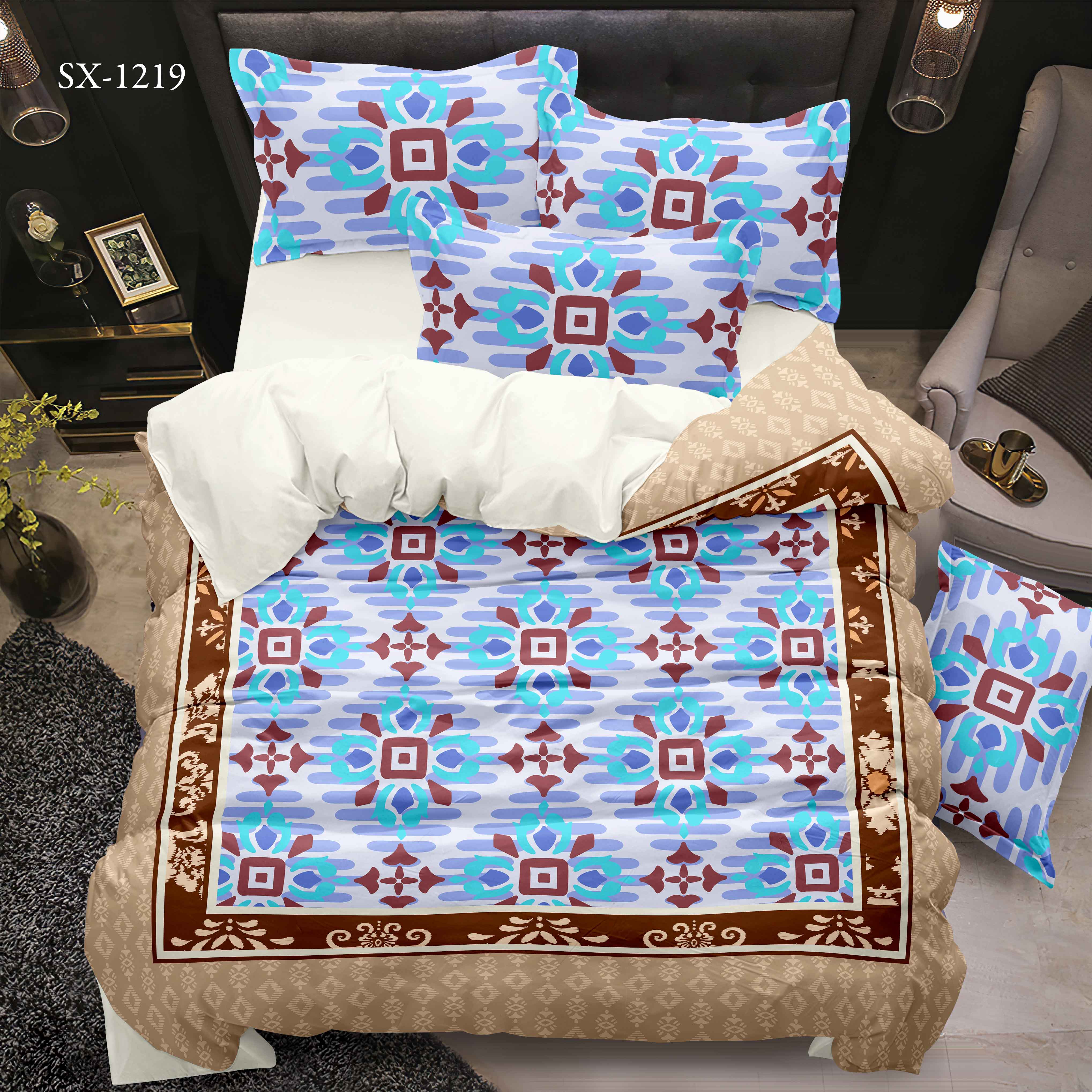 5d digital na naka -print na bed sheet set na may geometric mosaic at pandekorasyon na disenyo ng hangganan