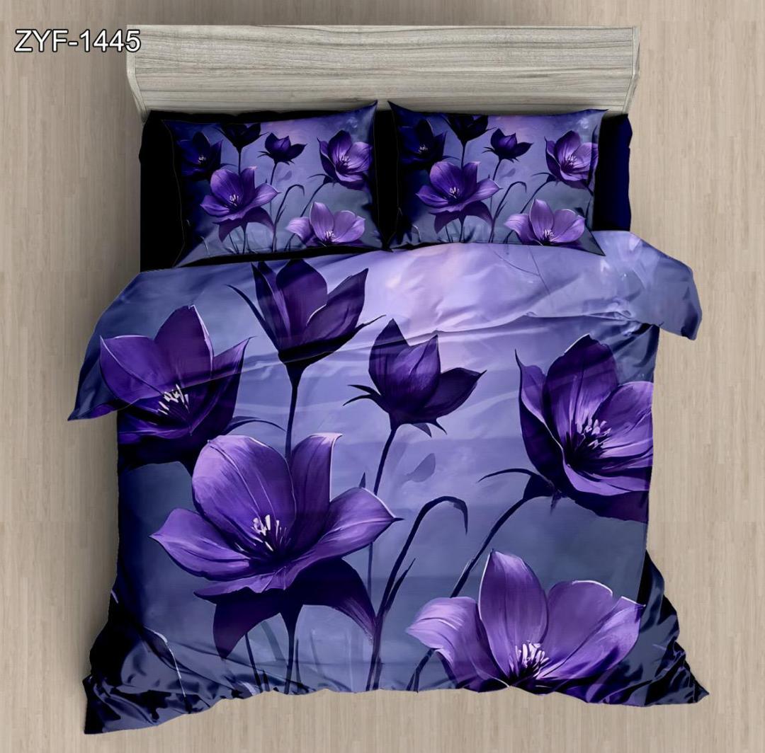 5d Digital Printed Bed Sheet Set Floral na may Deep Purple Blossom Design