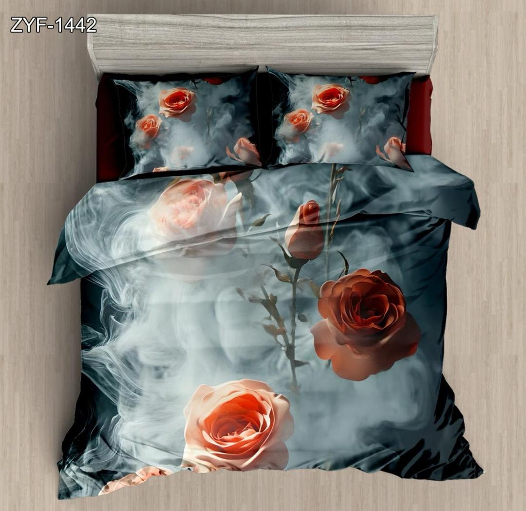 5d Digital Printed Bed Sheet Set Floral na may Red Rose at Disenyo ng Epekto ng Usok